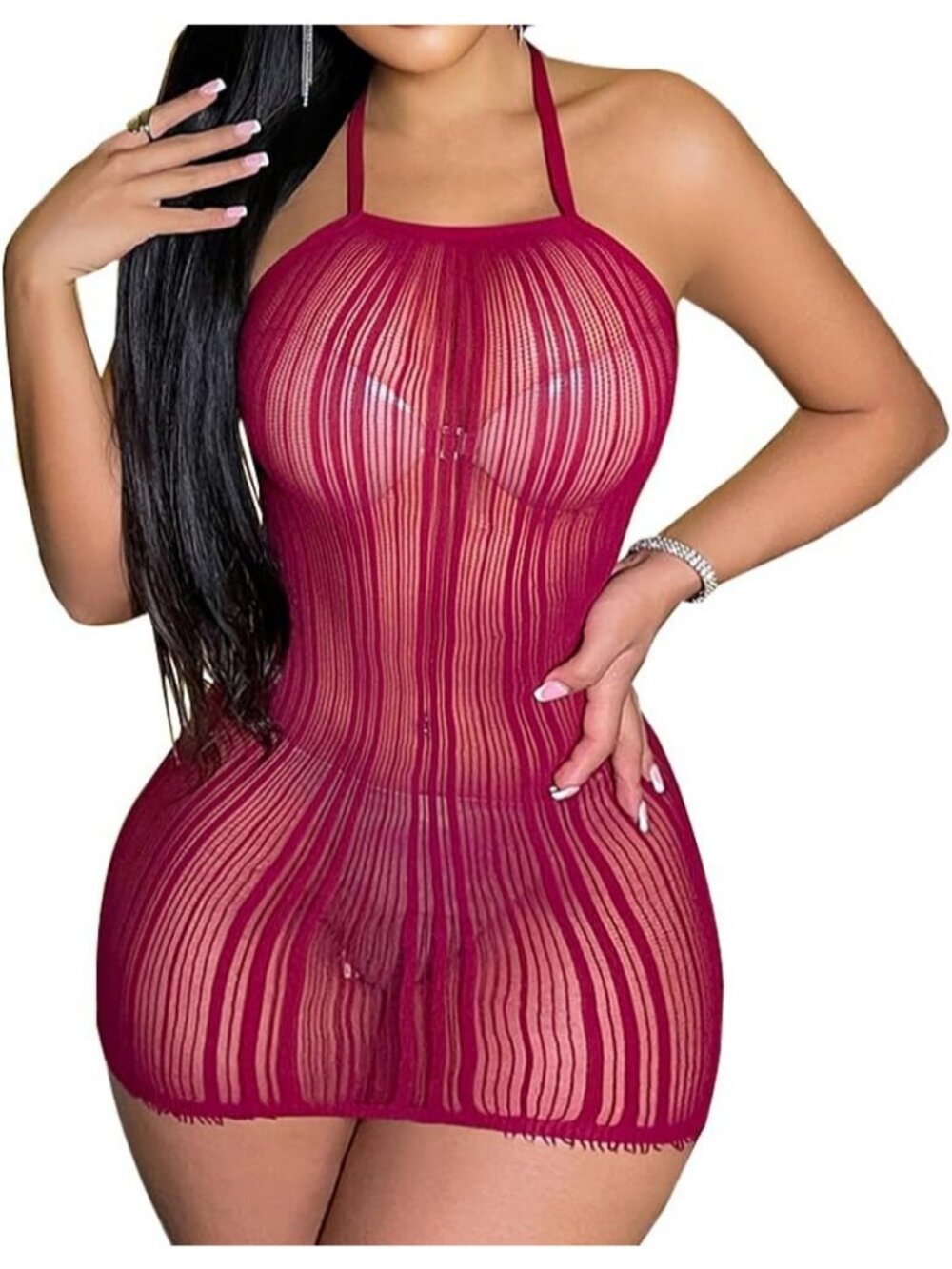 Women's Body Stocking Wine Red Nylon Halter Neck Sleeveless Lingerie Nightwear